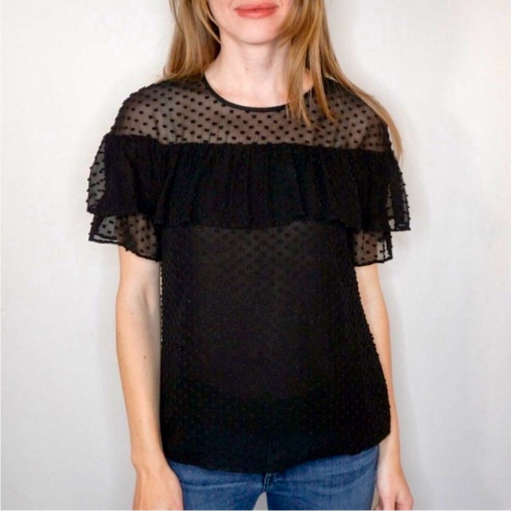 J. Crew 12 Tall Edie Short Sleeve Blouse Black Silk Swiss Dot Ruffles NWT